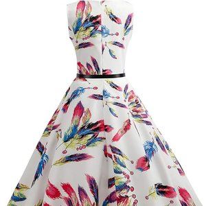 Colorful Feather Sleeveless Dress, Size Medium
